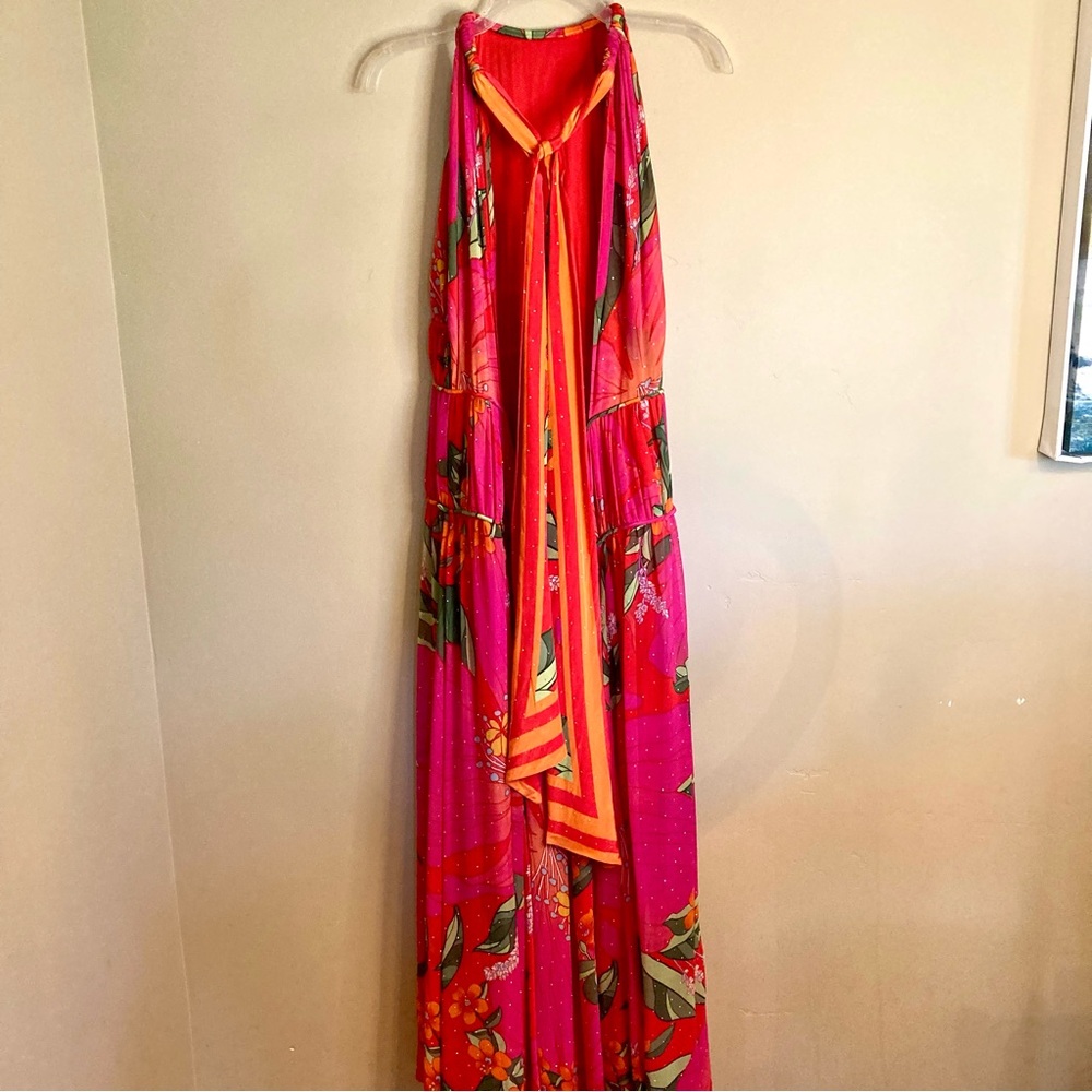 NEW FARM Rio Red Pietra Floral Sleeveless Maxi Dress Chiffon Rhinestones Size XL - Picture 10 of 16
